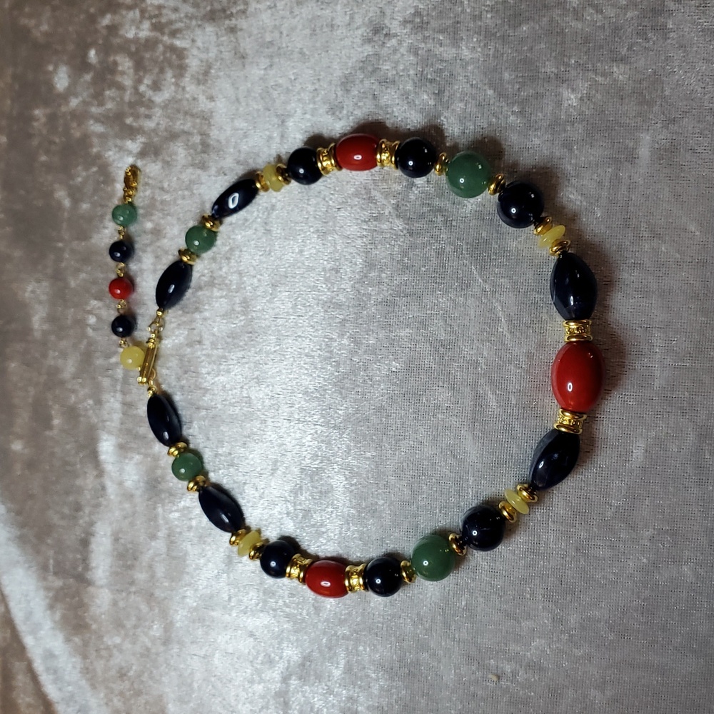 Vintage LIZ CLAIBORN Multicolor Beaded Lucite Necklace Red Blue Gold Tone Signed